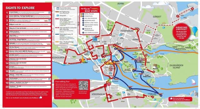 Mapa dos passeios de autocarro Stockholm Hop On Hop Off